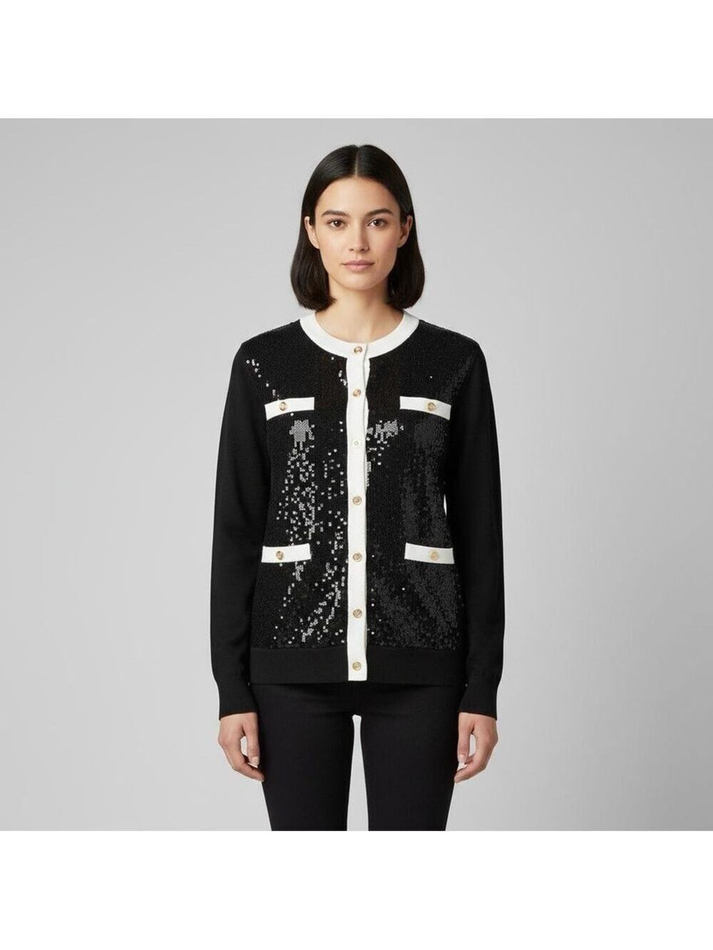 BCBG Black & Cream Sequin Knit Cardigan Holiday Fairy Grunge Whimsical Sz M